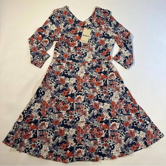NWT Pact Organic Cotton Blend Fit Flare L‎ 3/4 Sleeve Floral Cosmos Party Dress - Picture 2 of 8